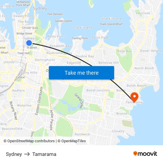 Sydney to Tamarama map