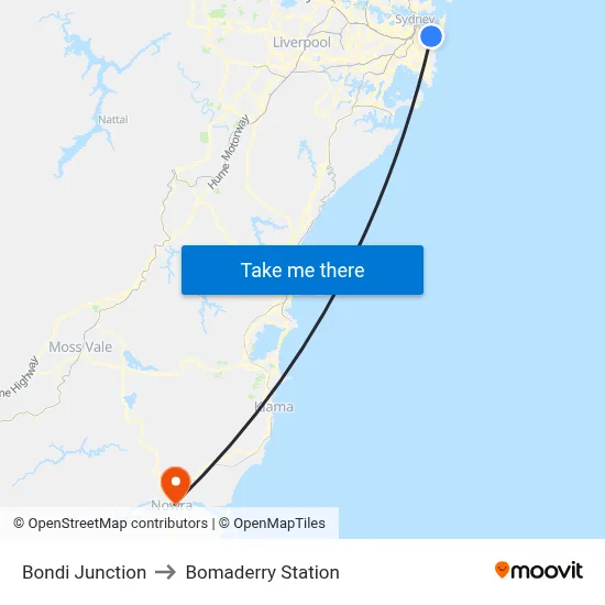 Bondi Junction to Bomaderry Station map