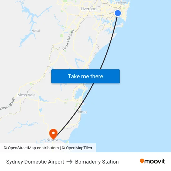 Sydney Domestic Airport to Bomaderry Station map