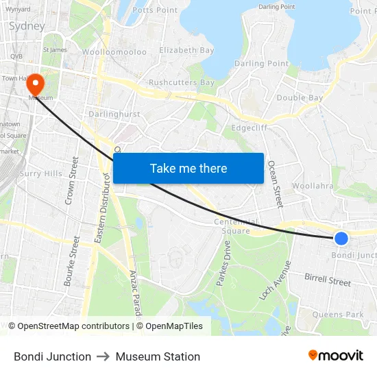 Bondi Junction to Museum Station map