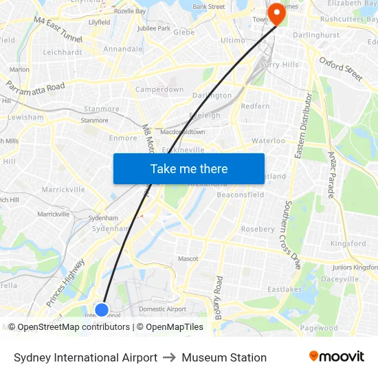 Sydney International Airport to Museum Station map