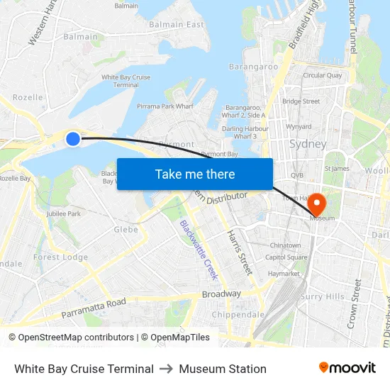 White Bay Cruise Terminal to Museum Station map
