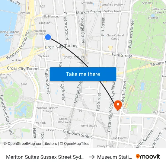 Meriton Suites Sussex Street Sydney to Museum Station map