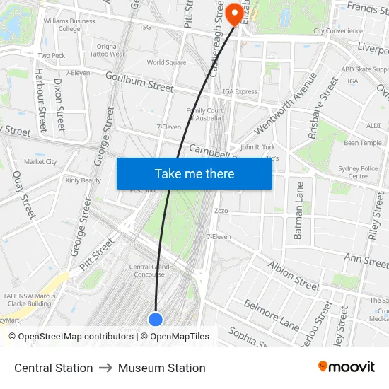Central Station to Museum Station map