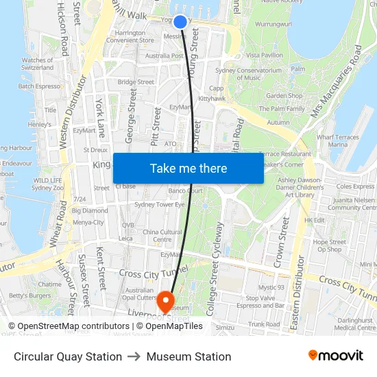 Circular Quay Station to Museum Station map