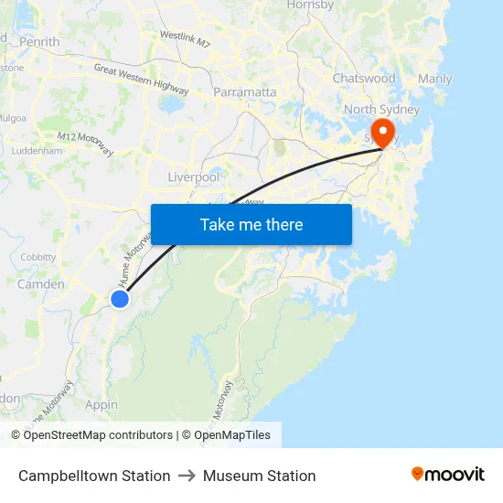 Campbelltown Station to Museum Station map