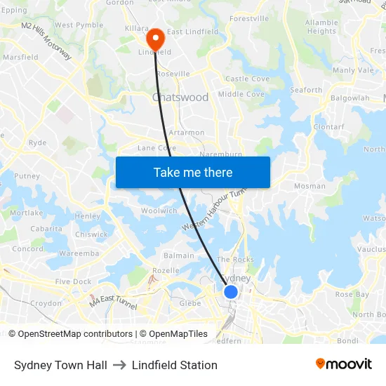 Sydney Town Hall to Lindfield Station map