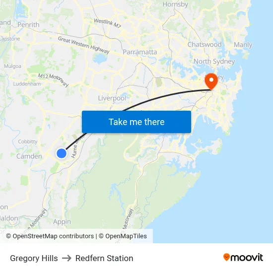Gregory Hills to Redfern Station map