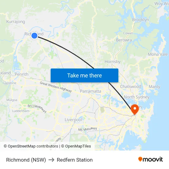 Richmond (NSW) to Redfern Station map