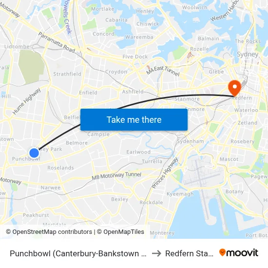 Punchbowl (Canterbury-Bankstown - NSW) to Redfern Station map