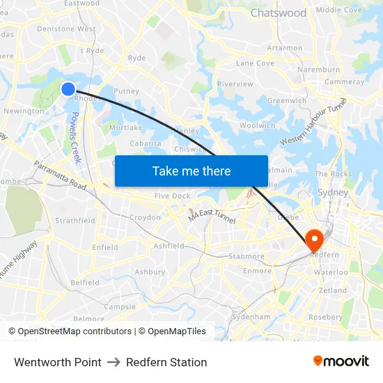 Wentworth Point to Redfern Station map