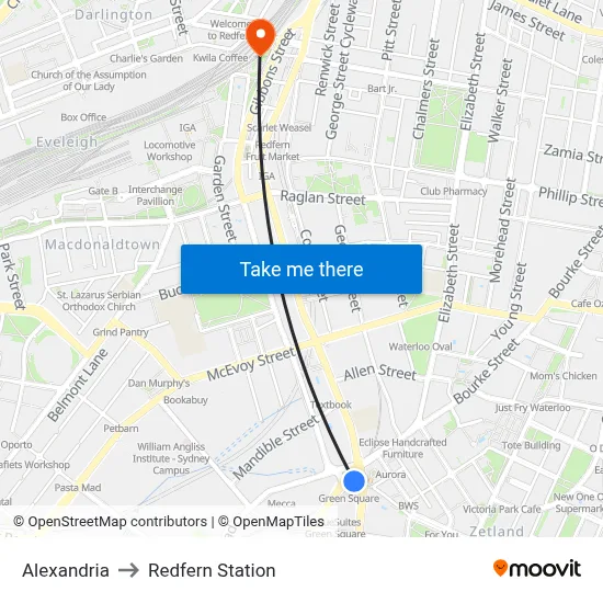 Alexandria to Redfern Station map