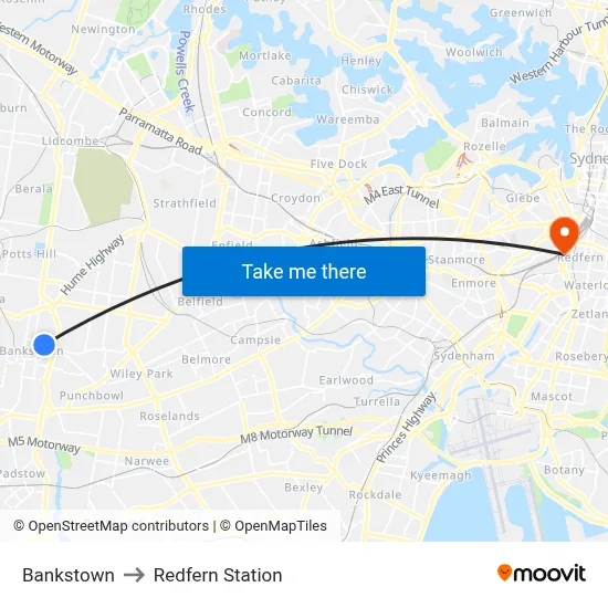 Bankstown to Redfern Station map