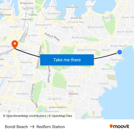 Bondi Beach to Redfern Station map