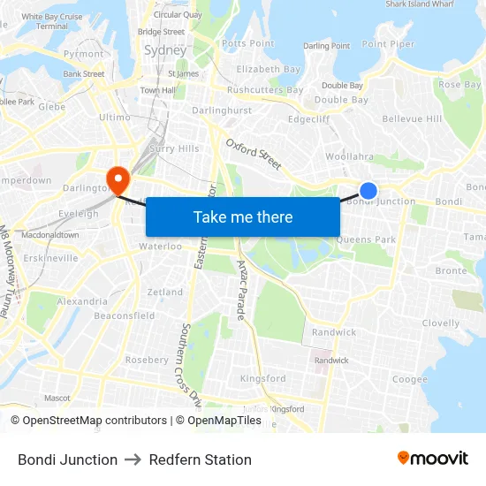 Bondi Junction to Redfern Station map