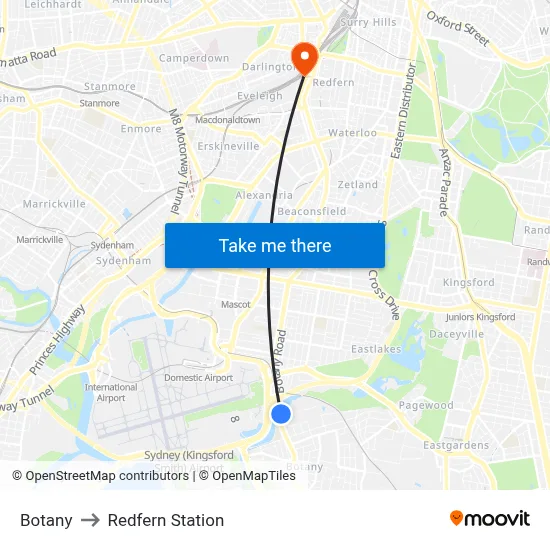 Botany to Redfern Station map