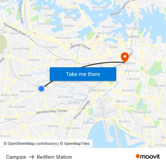 Campsie to Redfern Station map