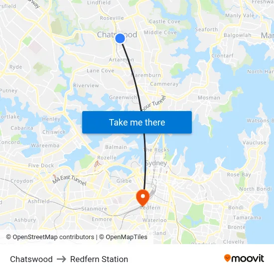Chatswood to Redfern Station map