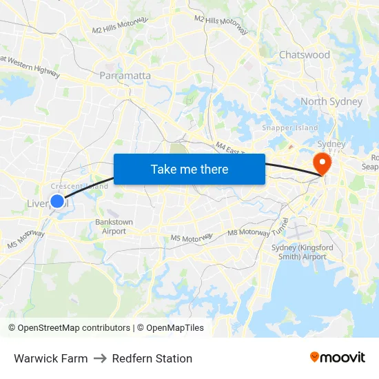 Warwick Farm to Redfern Station map
