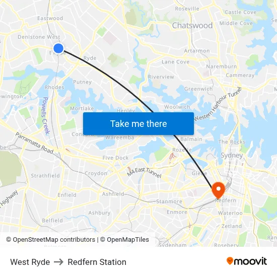 West Ryde to Redfern Station map