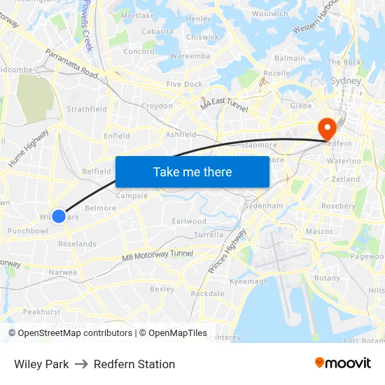 Wiley Park to Redfern Station map