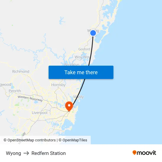 Wyong to Redfern Station map