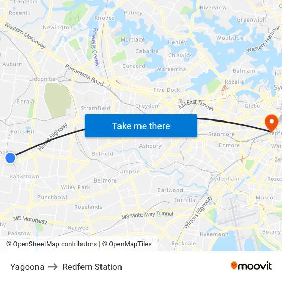 Yagoona to Redfern Station map