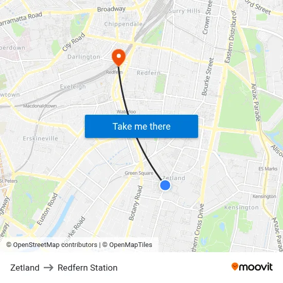Zetland to Redfern Station map