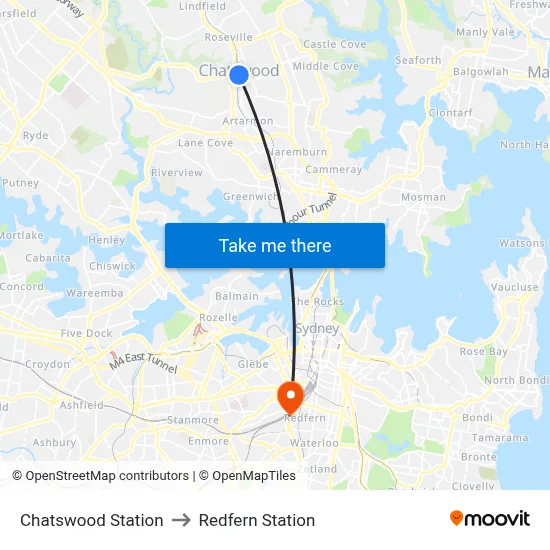 Chatswood Station to Redfern Station map