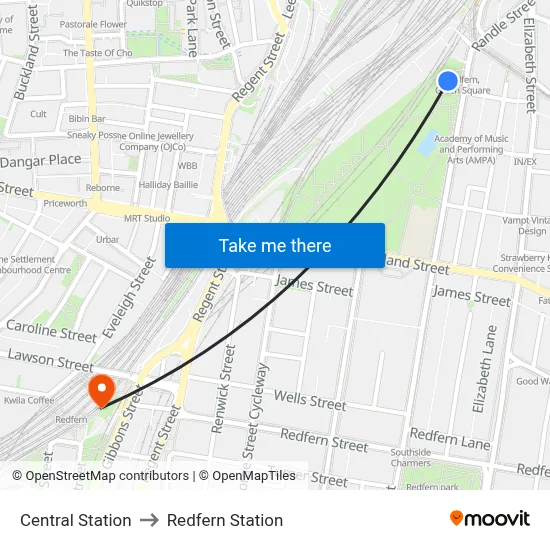 Central Station to Redfern Station map