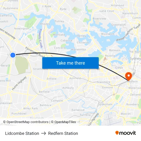 Lidcombe Station to Redfern Station map