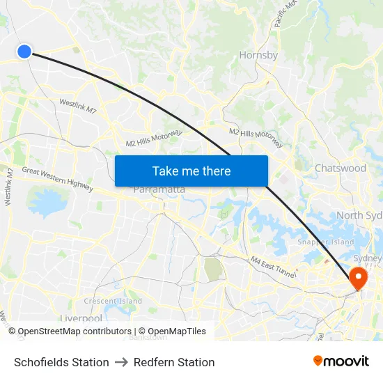 Schofields Station to Redfern Station map