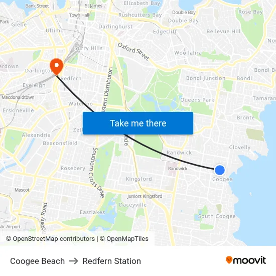 Coogee Beach to Redfern Station map