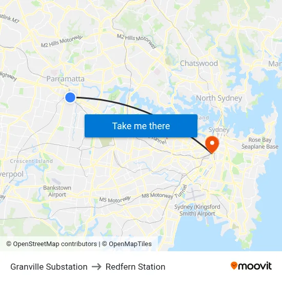 Granville Substation to Redfern Station map