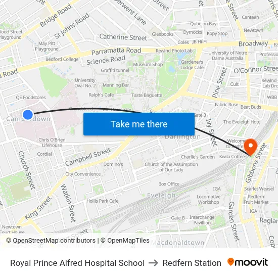 Royal Prince Alfred Hospital School to Redfern Station map