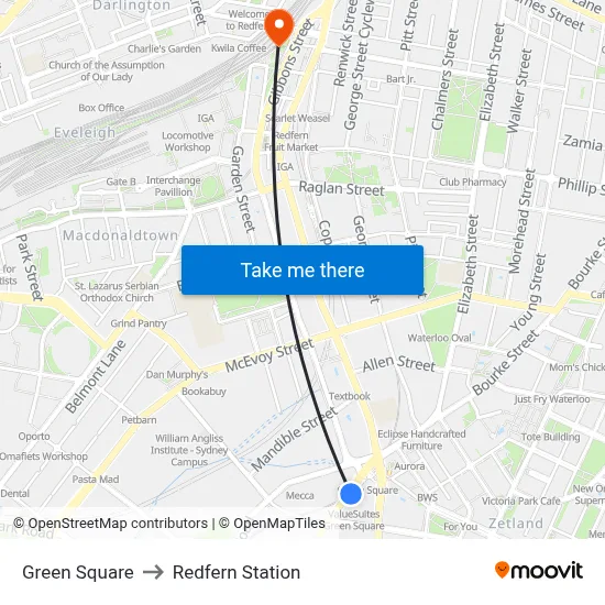 Green Square to Redfern Station map