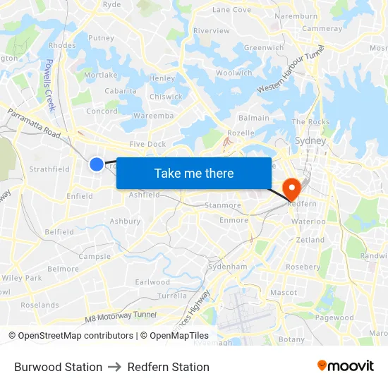 Burwood Station to Redfern Station map