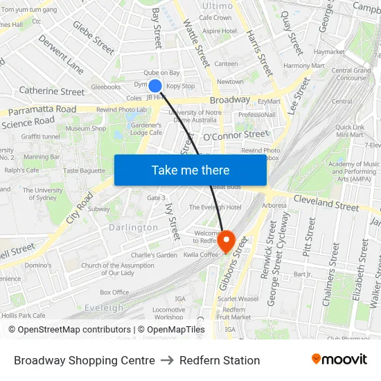 Broadway Shopping Centre to Redfern Station map