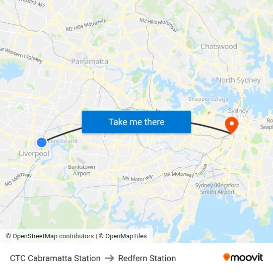 CTC Cabramatta Station to Redfern Station map