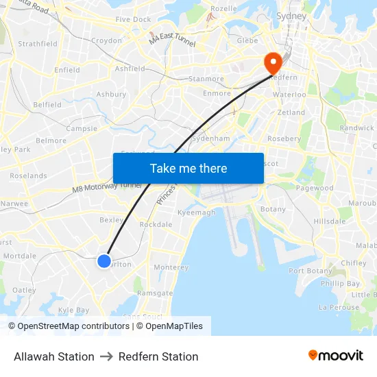 Allawah Station to Redfern Station map