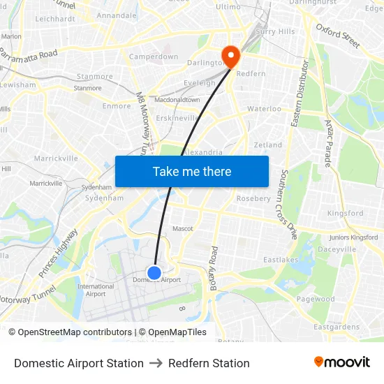 Domestic Airport Station to Redfern Station map