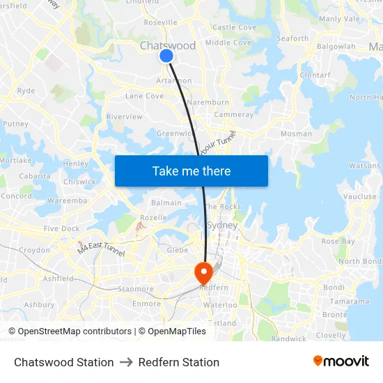 Chatswood Station to Redfern Station map