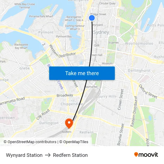 Wynyard Station to Redfern Station map