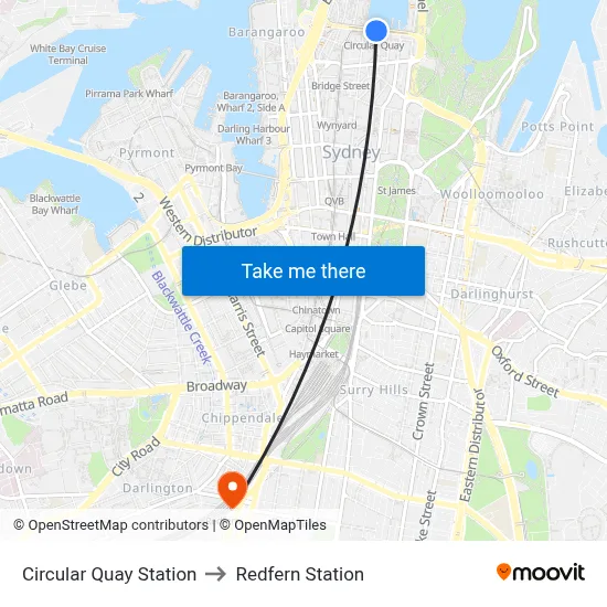 Circular Quay Station to Redfern Station map