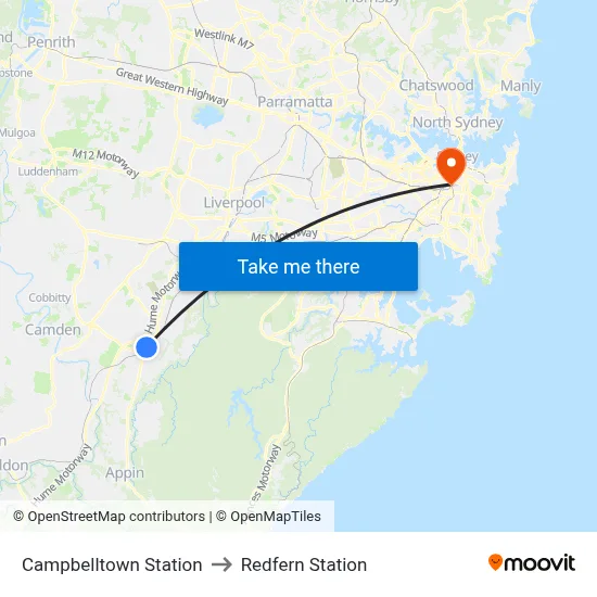 Campbelltown Station to Redfern Station map