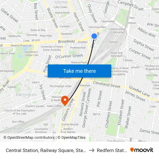 Central Station, Railway Square, Stand M to Redfern Station map