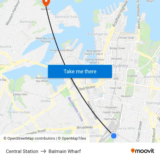 Central Station to Balmain Wharf map