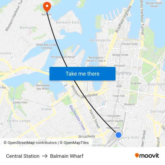 Central Station to Balmain Wharf map