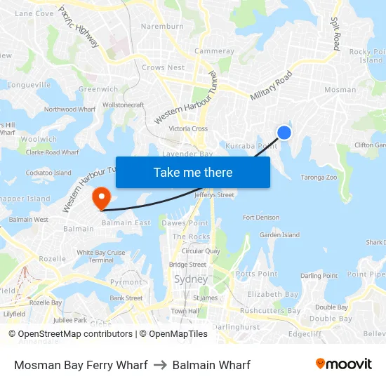 Mosman Bay Ferry Wharf to Balmain Wharf map