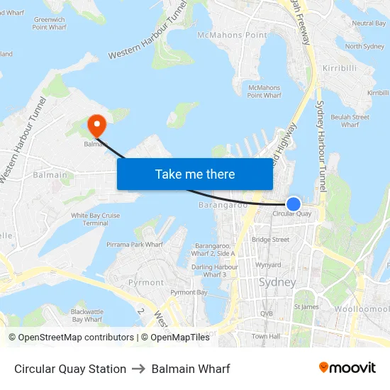 Circular Quay Station to Balmain Wharf map